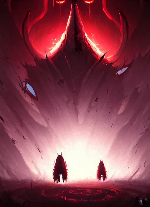 Prompt: horror art, hollow knight radiant, red peaks in the background, art by greg rutkowski