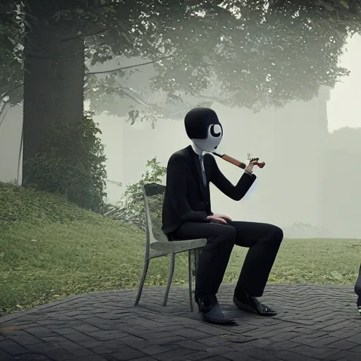 Image similar to Slenderman smoking a cigarre and talking with a grumpy Old Man, Superrealistc, 4k, HD, Unreal Engine, Raytracing, Photorealistic