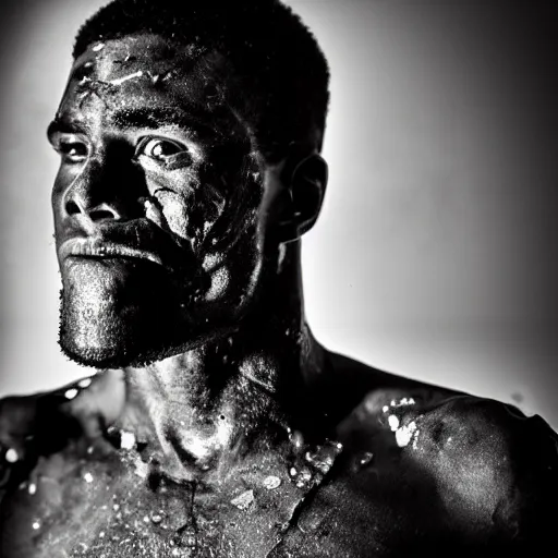 Prompt: close up portrait of boxer after boxing with brews blood sweating, photography photojournalism, very grainy image