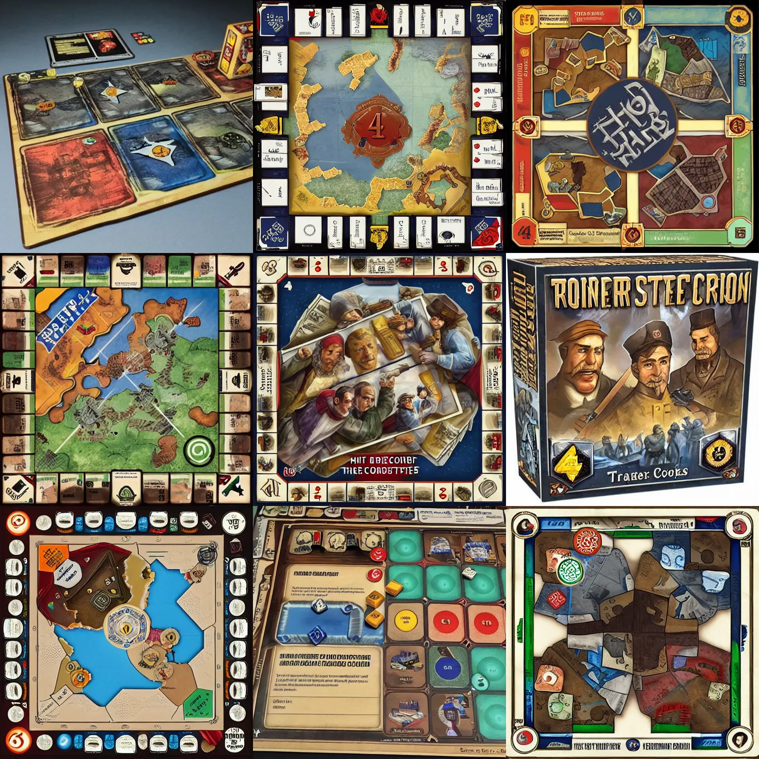 Prompt: board game with traitors and 4 sides of conflict with cooperative crisis cheks