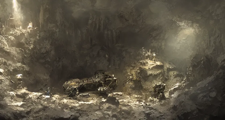 Image similar to craig mullins and ghibli digital art of middle of cave, light, bronze coffin, chain, medium gray, cinematic texture, high color contrast ， unreal engine, hyper realism, realistic shading, cinematic composition, realistic render, octane render, detailed textures, photorealistic, wide shot