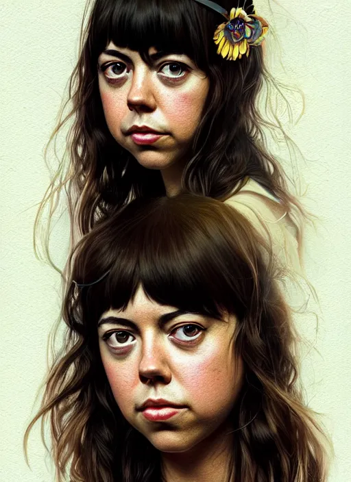 Image similar to portrait of young aubrey plaza with bangs, hippie, long hair, groovy hairband, bangs, intricate, smooth, groovy lighting, highly detailed, digital painting, artstation, concept art, smooth, sharp focus, illustration, art by wlop, mars ravelo and greg rutkowski