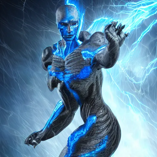 Prompt: photography of a hyper realistic highly detailed stunning humanoid creature, controls complex and highly detailed blue lightning storms as a super power. professionnal digital art, artstatiom, stuning, intricate, complex, unreal engine 5.