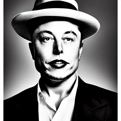 Image similar to a glamorous black and white portrait of elon musk with a hat, in the style of helmut newton