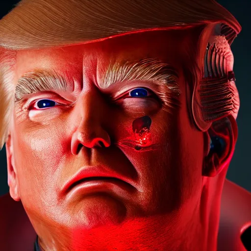 Image similar to donald trump full body detailed, ethereal, cyborg, covered in blood diamonds and other gems glowing, highly detailed face, elegant posed, evil expression, intricate, extremy detailed, beeple, cgsociety, 3 d unreal engine octane render. cinematic lighting, highly detailed 4 k art