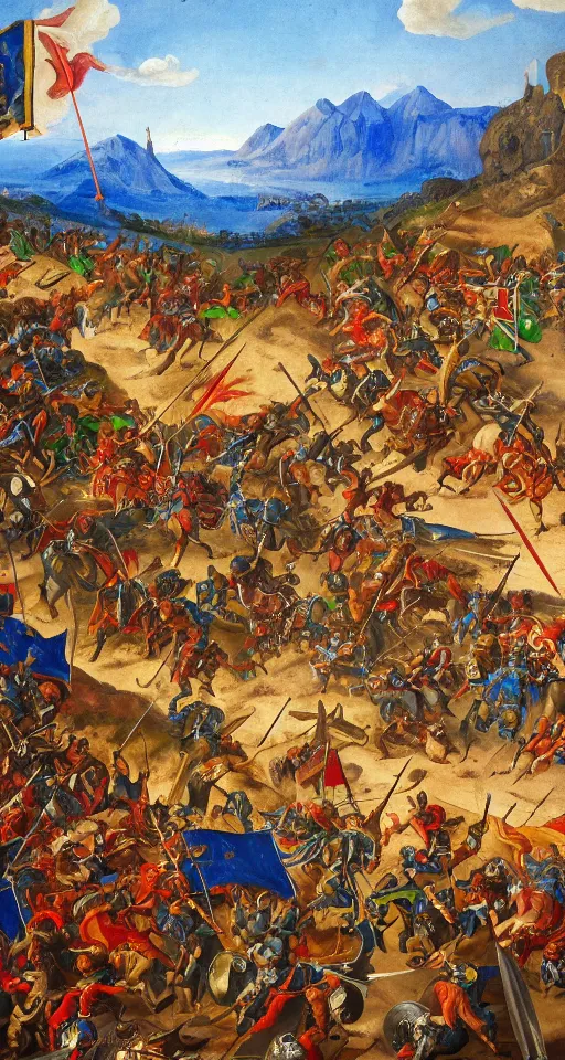 Image similar to colorful simple wideshot of a medieval battle in front of a beautiful blue mountainscape, painting