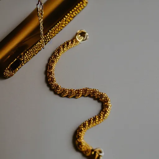 Image similar to a studio photoshoot of a Gold Beaded Chain designed by Tom Sachs, realistic, color film photography by Tlyer Mitchell, 35 mm, graflex