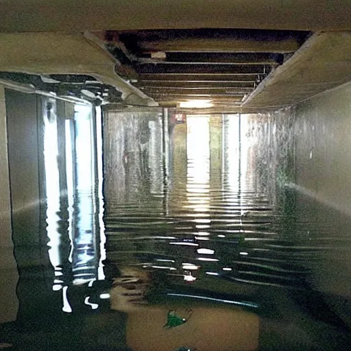 Prompt: a flooded empty basement hallway, craigslist photo