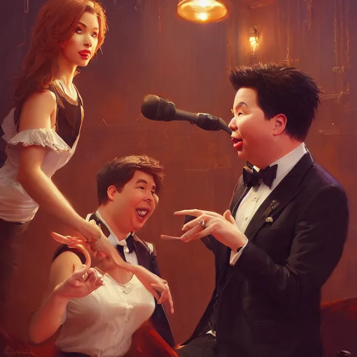 Image similar to michael mcintyre flirting with a singing waitress, elegant, real life skin, intricate artwork, high detailed, artstation, concept art, smooth, sharp focus, art by artgerm and greg rutkowski