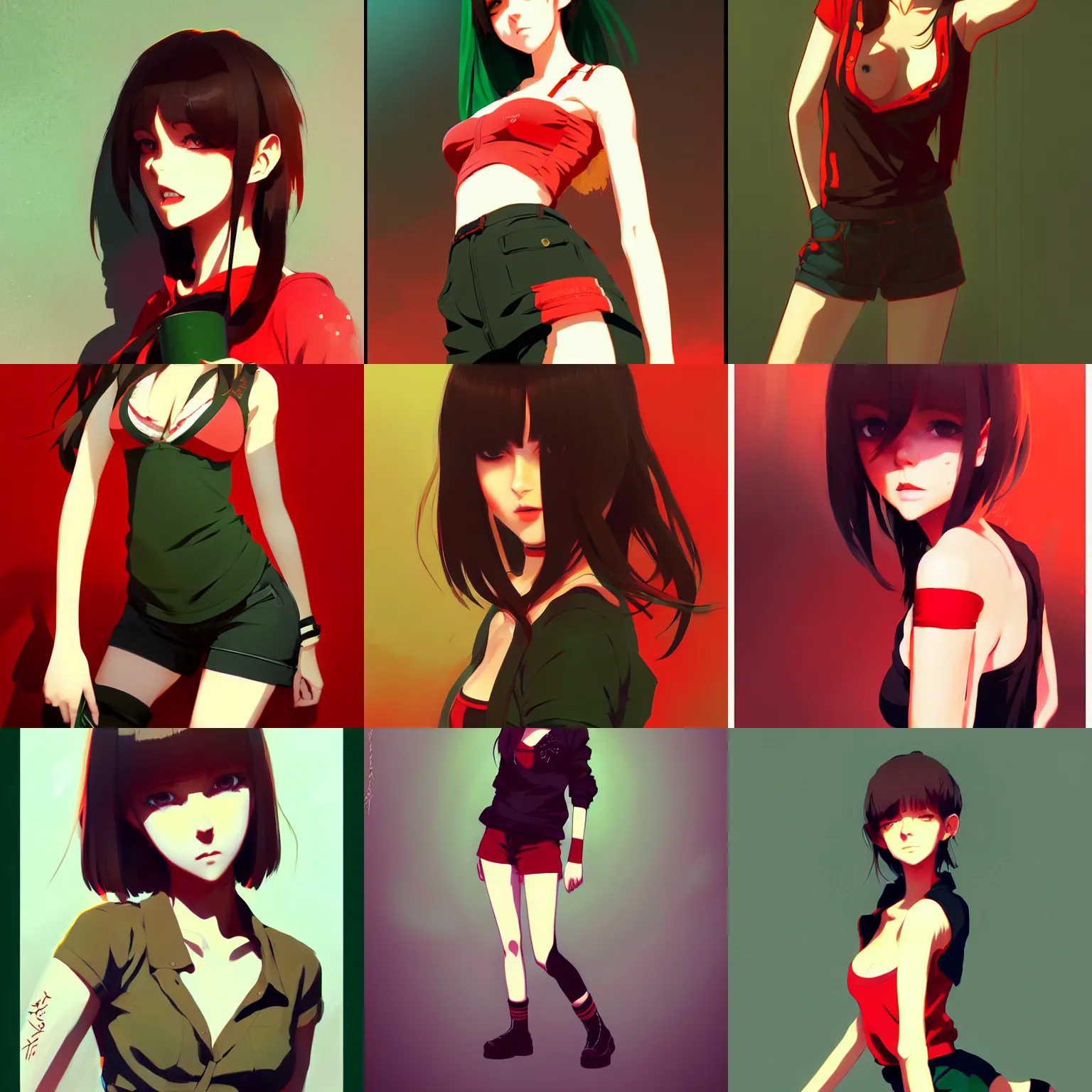 Prompt: sexy girl with brown hair and green eyes, wearing shorts, red and black color palette, in the style of and ilya kuvshinov and greg rutkowski, high quality anime artstyle, intricate