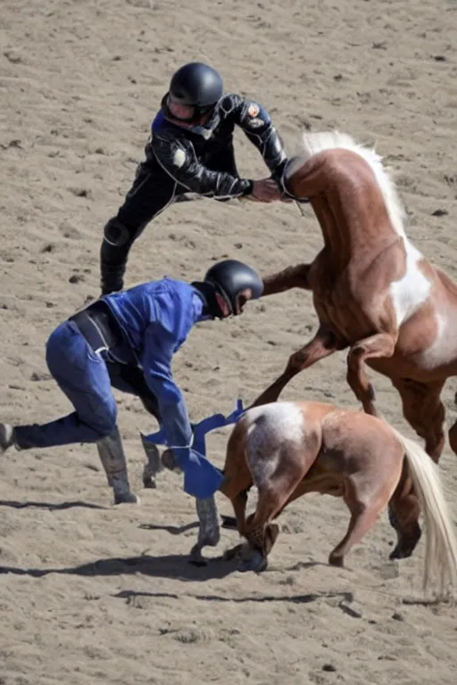 Image similar to horse wrestles astronaut on all fours on hands and knees in grappling in closed guard on mount position