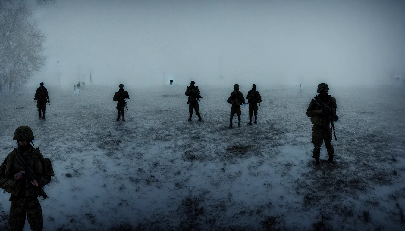 Prompt: silhouettes of soldiers, abandoned soviet architecture, blizzard, flooded swamp, dark, atmospheric, scary, ambient vibe, very detailed, winter, 8 k