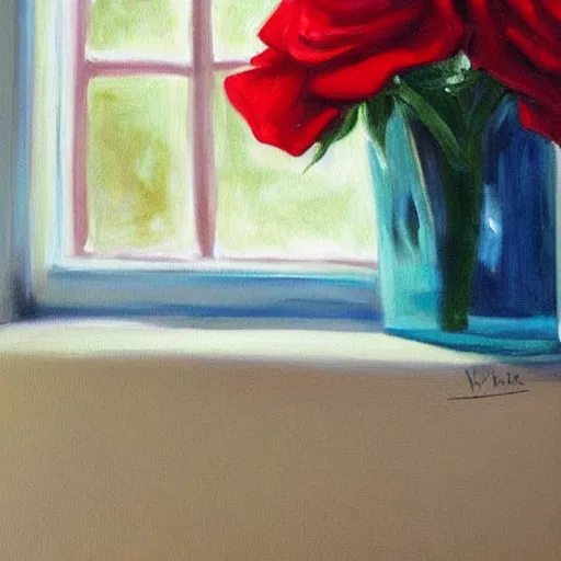 Image similar to A painting of a windowsill with flowers. Red rose. Blue violets. The natural light from the window would be shining in on the scene. Trending on artstation