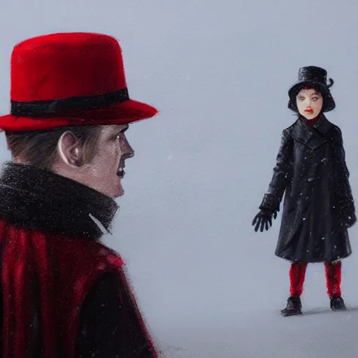 Prompt: a highly detailed epic cinematic concept art, a thin man in a black coat and bowler hat talks with small young girl who is dressed in a red coat and a red hat, park, autumn, wide angle, high detail, in style of Greg Rutkowski, width 768