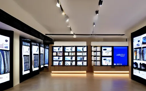 Image similar to A flagship Samsung store. black walls. timber floor. high ceilings with spots. wood furniture with large digital screen. display tables with phones and tablets, pots with plants, large digital screens on the walls, Architectural photography. 14mm. High Res 8K. award winning architectural design, Japandi Style, warm and happy, inviting