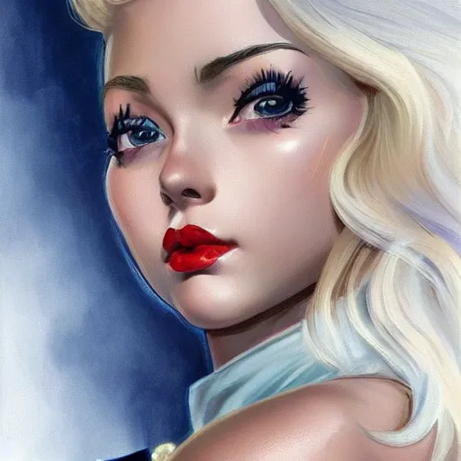 Image similar to a beautiful pin - up portrait of a beautiful cute superhero woman, blonde hair, matte navy - blue bodysuit, white cape, intricate, elegant, 8 k, highly detailed, digital painting, concept art, smooth, sharp focus, illustration, anime, artgerm and loish and wlop and alphonse mucha