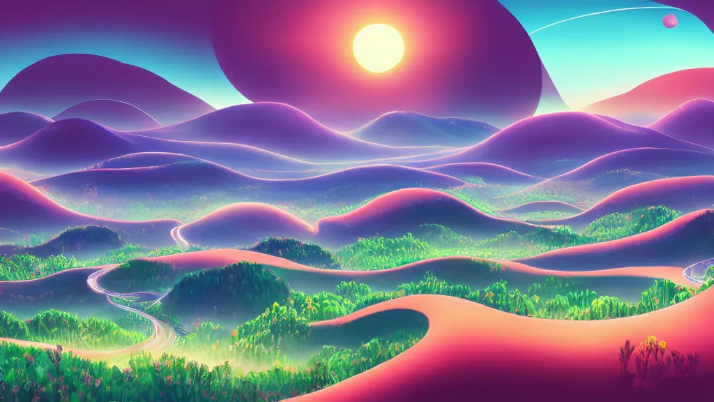 Image similar to digital painting of a lush sinuous river valley by. river. sunset. no mans sky. chiho aoshima. digital render. detailed. beautiful landscape.