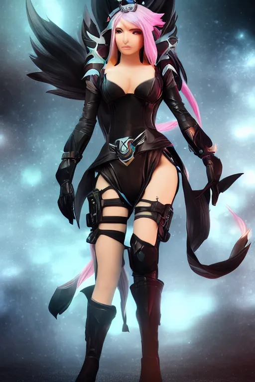 Prompt: Ahri from League of Legends, wearing fully kitted black special ops armor, cell shaded photography, octane render