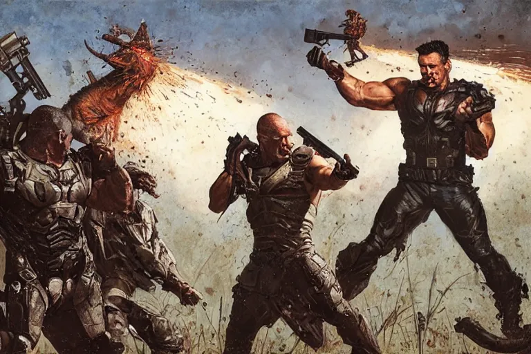 Image similar to portrait of morgan aste as the punisher blasting a lizard beast with a shotgun, greg rutkowski, rick berry, norman rockwell, greg staples, nc wyeth, arstation, greg rutkowski