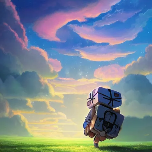 Image similar to beautiful painting of companion cube in a beautiful landscape, anime, studio ghibli, makoto shinkai, rhads, radiant light, detailed and intricate environment