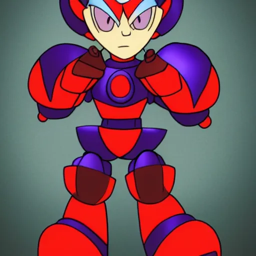 Prompt: evil megaman grinning, red eyes and purple armour