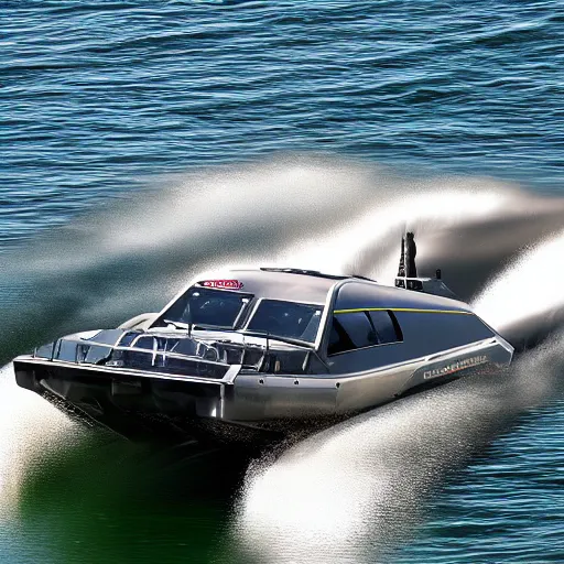 Prompt: speedboat with a M134 Minigun mounted on top of it