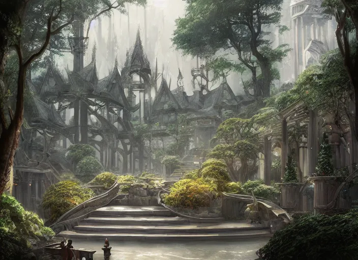 Prompt: A bathhouse in a beautiful elven city made of white marble, anime, lush trees, fountain, a fantasy digital painting by Greg Rutkowski and James Gurney, trending on Artstation, highly detailed