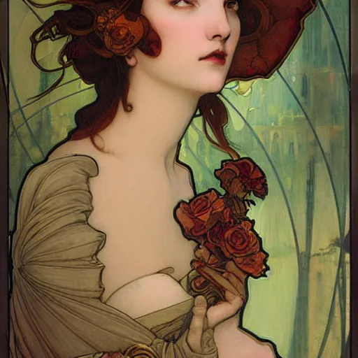 Image similar to romantic painted portrait of cortana by james jean, mucha