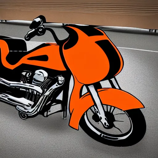 Prompt: a cartoon donkey, riding a harley - davidson motorcycle, orange and black, in the style of ed roth