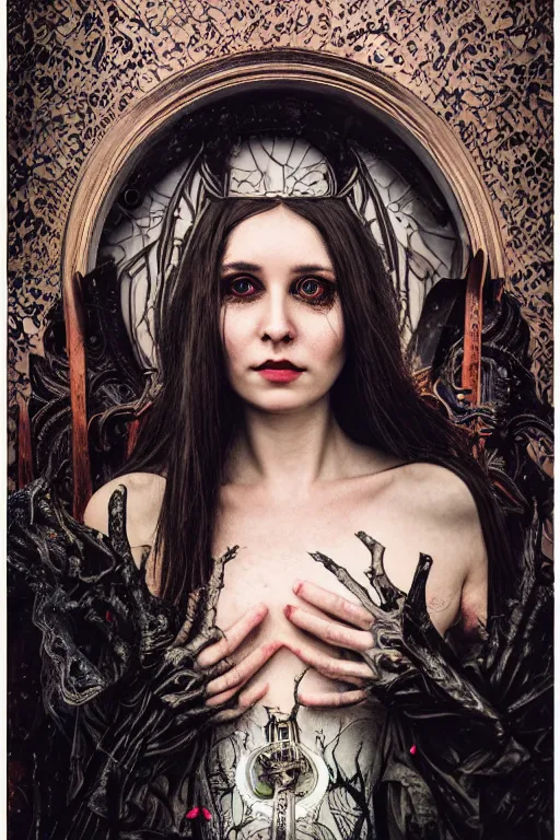 Image similar to Cinestill 50d, 8K, highly detailed, major arcana H.R Giger art nouveau nightmare Agnieszka Lorek tarot star card style 3/4 closeup portrait, eye contact, focus on model, tilt shift background: famous major arcana tarot remake, transformation scene