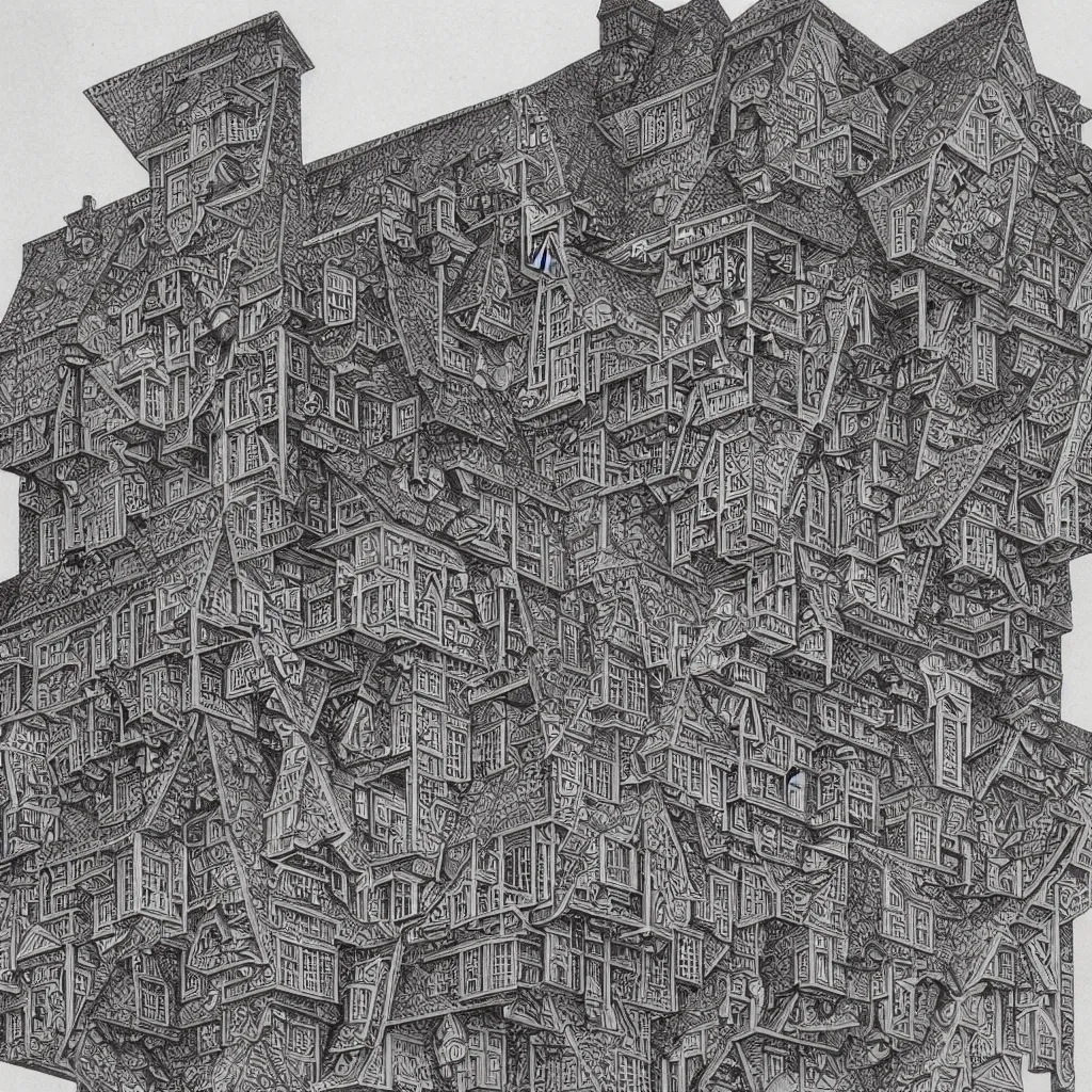 Prompt: impossible penrose house by M.C. Escher, painting with intricate details