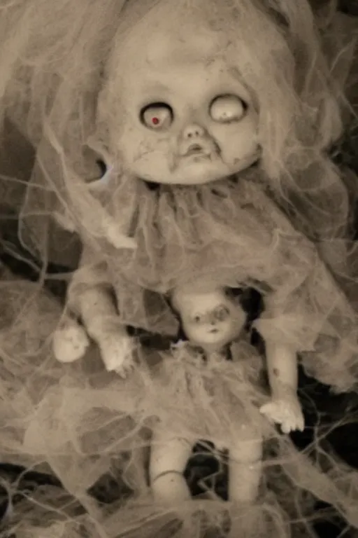Image similar to dirty cracked screaming vintage doll maggots in eyes in darkly lit dusty basement cobwebs old photo