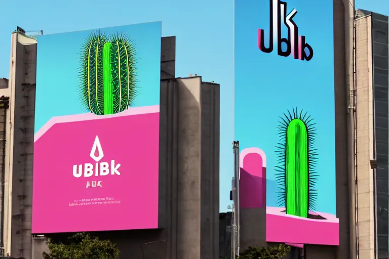 Image similar to an advertisement billboard for 'UBIK', retro-futurism style-art deco style-sci-fi- 3d geometric landscape with cactus