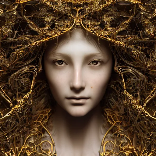 Image similar to Ultra detailed beautiful 3d render of a marble statue, beautiful woman face, long shiny hair, symmetrical composition, macro, intricate thin details in gold, crown made of fantasy flowers and leaves, fractal vines, octane render, 8k, high quality, volumetric lighting, color grading, by James Jean and WLOP and Victo Ngai and Craig Mullins