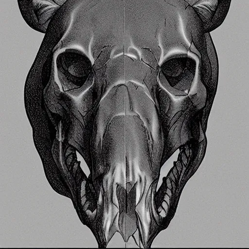 Image similar to A skull of a tapir. Frontal View, Close Up Shot, Dark Fantasy, Film Noir, Black and White. High Contrast, Mike Mignola, D&D, OSR