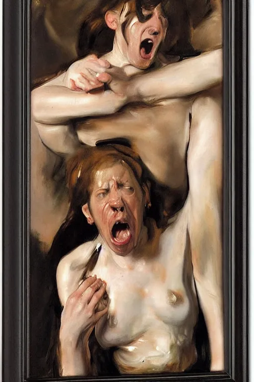 Prompt: a woman enraged, part by Jenny Saville, part by John Singer Sargent