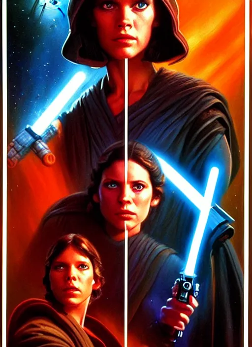 Image similar to epic cinematic poster artwork for featuring portraits for lost star wars film 1 9 9 0 moody painting by drew struzan, beautiful backlit, colorful, epic award winning, artstation, extremely detailed, flare, photorealistic, 4 k