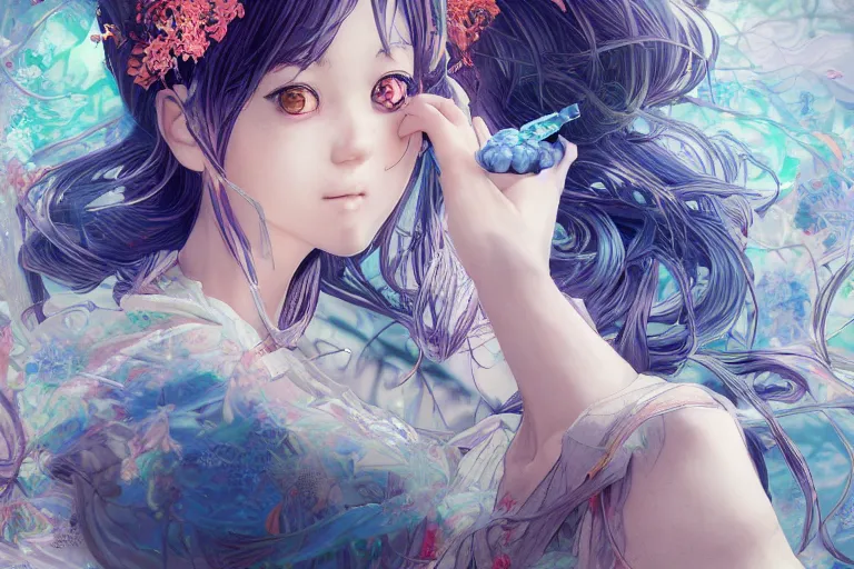 Prompt: the portrait of a blueberry that resembles an absurdly beautiful, graceful, elegant, sophisticated anime girl, an ultrafine hyperdetailed illustration by kim jung gi, irakli nadar, intricate linework, bright colors, octopath traveler, final fantasy, unreal engine 5 highly rendered, global illumination, radiant light, detailed and intricate environment