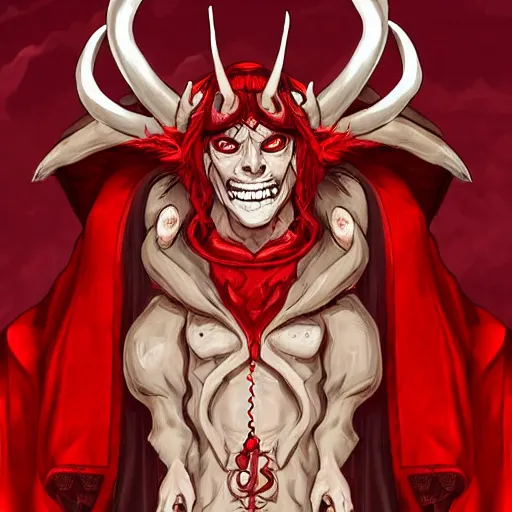 Image similar to demonic emperorin red robe with giant horns creepy smiling. trending on artstation, digital art, extremely detailed, comicpanel, monochromatic.