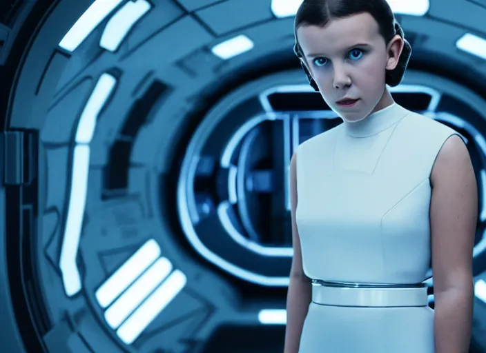 Prompt: film still of!!!! millie bobby brown!!! as princess leia in a white dress in star wars movie, closeup portrait, exploring interior of a spaceship, glamour pose, dramatic lighting, octane, mist, volumetric lighting, 8 k