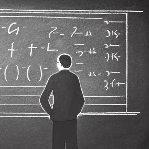 Prompt: a pencil sketch of an old mathematician solving equations on a large chalkboard