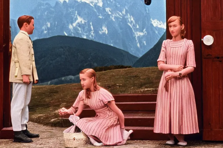 Image similar to still image from the sound of music by wes anderson, ultra detailed, finely detailed