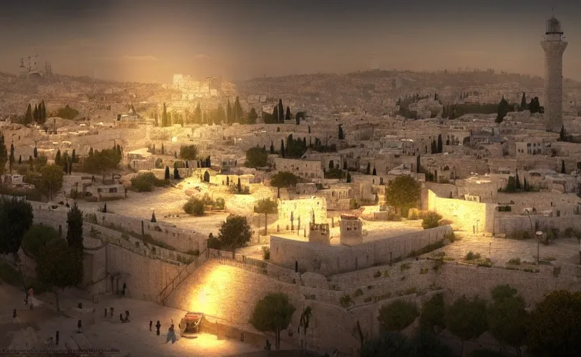 Image similar to a beautiful photo of jerusalem, hyper realistic, natural light, concept art, cozy atmospheric and cinematic lighting