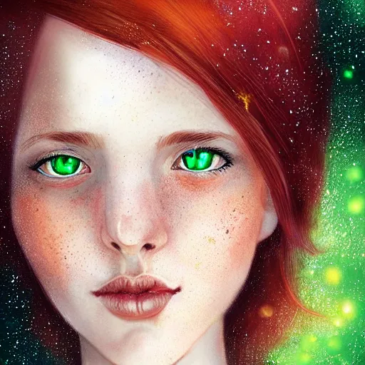 Prompt: photorealistic portrait of a red haired girl among fireflies, with a round beautiful face, amazed soft smile, long hair, green eyes, hint of freckles, golden ratio, intricate details, colorful digital art by artgerm