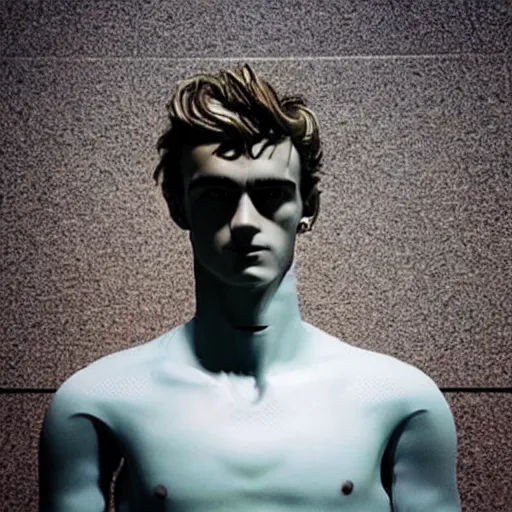 Image similar to “ a realistic detailed photo of a guy who is an attractive humanoid who is half robot and half humanoid, who is a male android, soccer player antoine griezmann, shiny skin, posing like a statue, blank stare, at the museum, on display ”