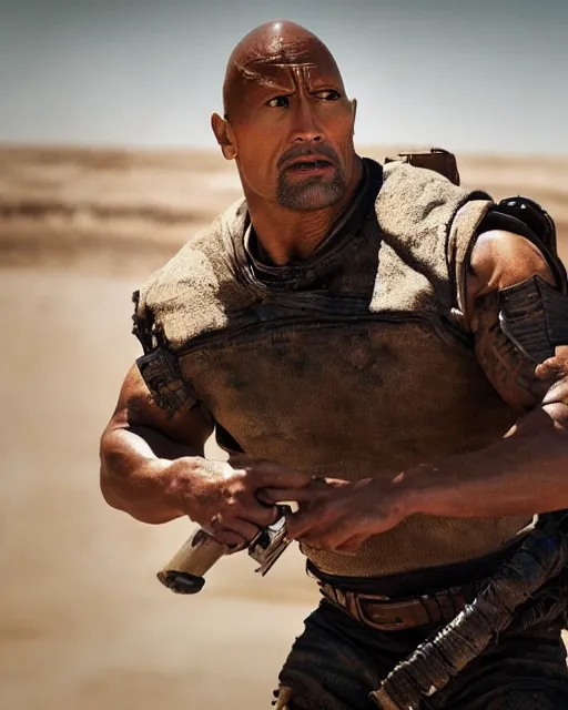 Image similar to film still close up shot of dwayne johnson as max rockatansky in the movie mad max. photographic, photography