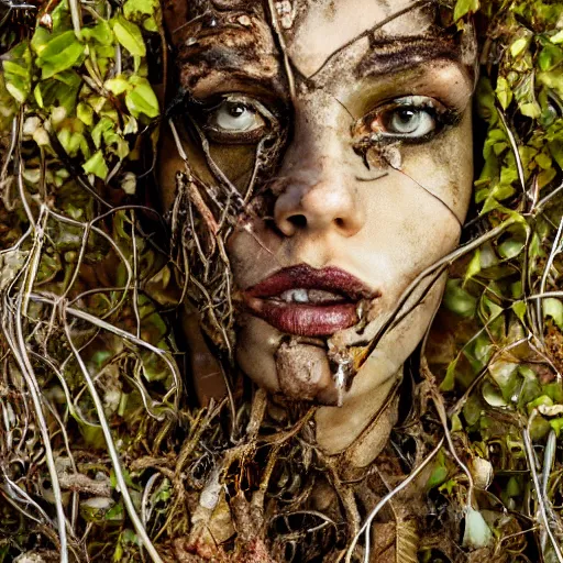 Prompt: portrait of a beautiful cyborg woman. Decayed and rusty partly covered by vines. Laying I. The grass. Detailed face. Photo 8K.