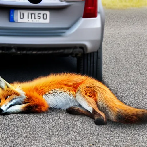 Image similar to a fox sleeping on a suv, side of the road, sunny, hyperrealistic, 4 k, contest winning photography