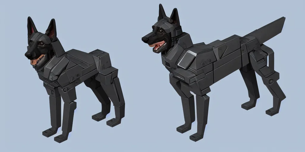 Image similar to Isometric render of a cyberpunk german Shepard made of robot parks, sleek design