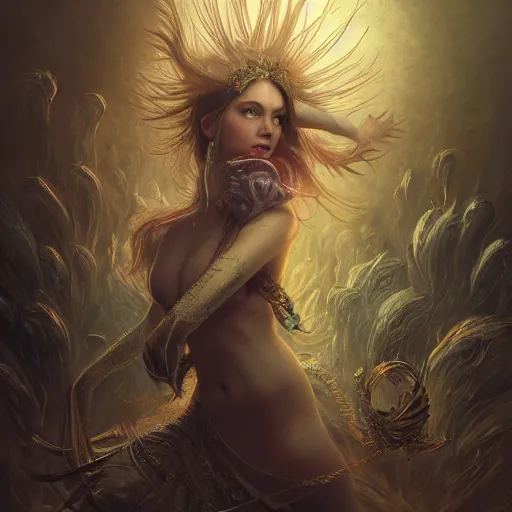 Image similar to Magician, female, fantasy, bangles, explosion, dramatic, intricate, elegant, highly detailed, digital painting, artstation, concept art, smooth, sharp focus, illustration, art by Hieronomous Bosch, octane render, art by Leesha Hannigan, Ross Tran, Thierry Doizon, Kai Carpenter, Ignacio Fernández Ríos